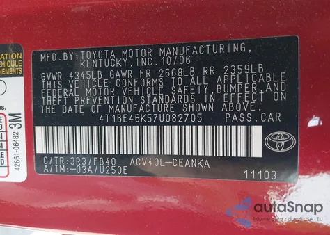 2007 Toyota Camry Ce from USA, damaged, VIN 4T1BE46K57U082705